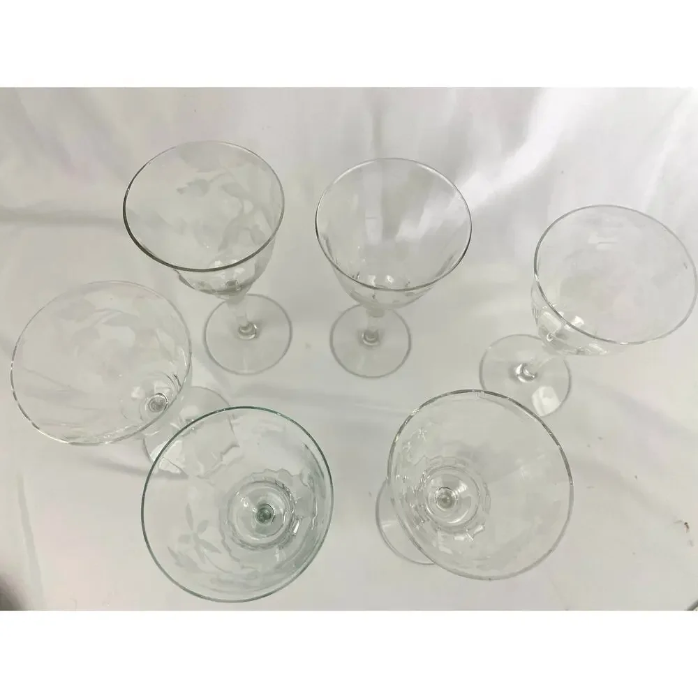 VTG Set of 6 Frosted Floral Liqueur Glasses Stemware Barware‎